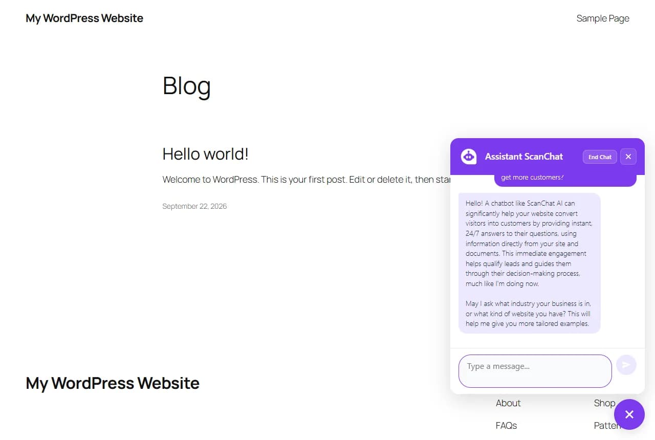 Le chatbot ScanChat AI ouvert sur un site WordPress, en train de répondre à un visiteur