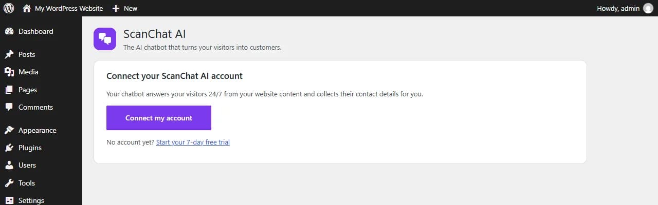 Bouton Connecter mon compte de l'extension ScanChat AI dans WordPress
