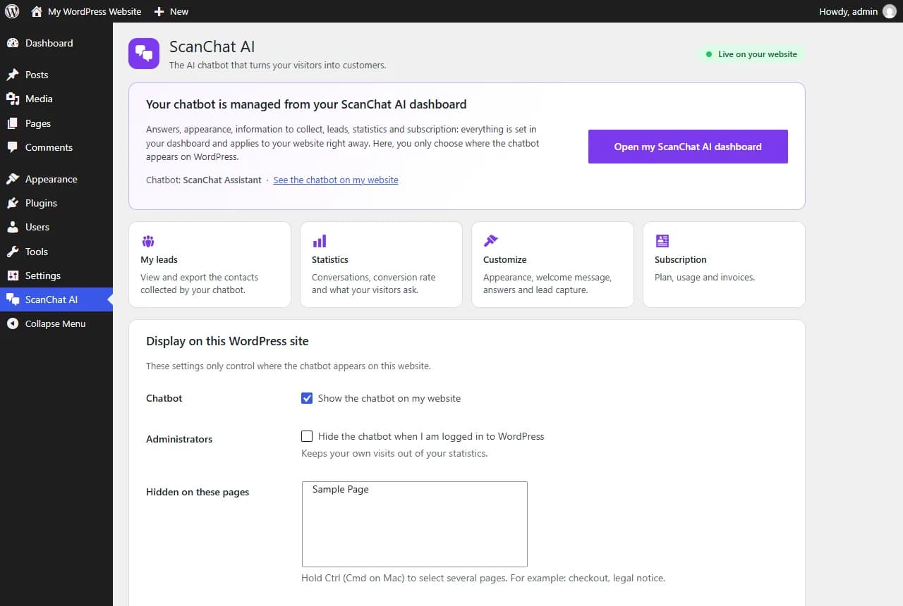 Page ScanChat AI dans l'administration WordPress : chatbot en ligne, raccourcis et réglages d'affichage